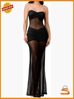 Sheer Mesh Bodycon Maxi Dress Strapless Club Night Out Dress